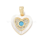 Brass Micro Pave Cubic Zirconia Pendants, Cadmium Free & Nickel Free & Lead Free, with Shell, Heart Charms, Cyan, 13.5x13x3mm, Hole: 4mm(KK-Q030-02B-G)