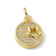 Brass Micro Pave Cubic Zirconia Charms, with Jump Rings, Flat Round with Star Charm, Real 18K Gold Plated, 11.5x9.5x2.5mm, Hole: 2.7mm(ZIRC-F132-91G)