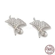 Rhodium Plated 925 Sterling Silver Charms, with Cubic Zirconia, Gingko Leaf Charm, with S925 Stamp, Real Platinum Plated, 14x13x2mm, Hole: 1.2mm, Pin: 0.6mm(STER-M114-02P)