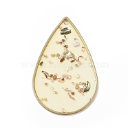 Transparent Epoxy Resin Pendants, Drop Charms, with Colorful Shell and Brass Frame, Golden, 47.5x30x1.2mm, Hole: 1.5mm(RESI-XCP0001-96)