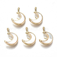 White Shell Peg Bails Pendants, for Half Drilled Bead, with Brass Findings, Nickel Free, Moon, Real 18K Gold Plated, 18x12x4mm, Hole: 1.8mm, Pin: 0.8mm(KK-S354-269-NF)