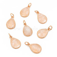 Natural Quartz Crystal  Pendants, with Light Gold Plated Brass Loops, Dyed & Heated, Teardrop, PeachPuff, 19x12x7mm, Hole: 4mm, Jump Ring: 6x1mm, 4mm inner diameter(G-N326-115)