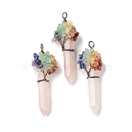 7 Chakra Pointed Natural Rose Quartz Big Pendants, Chip Gems Tree Faceted Bullet Charms with Red Copper Plated Rack Plating Copper Wire Wrapped, Cadmium Free & Lead Free, 62~66.5x22~26x17.5~18mm, Hole: 4.2~6.5mm(G-C012-01R-01)