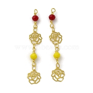 Glass Beaded Pendants, with Real 18K Gold Plated Brass Loop, Rose Flower Charm, Yellow, 47x8x4mm, Hole: 1.6mm(KK-P242-18G-03)