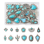24Pcs 12 Styles Synthetic Turquoise Pendants, with Antique Silver Tone Zinc Alloy Findings, Dyed, Fan & Cactus & Cross, Mixed Shapes, 22~38x12~27mm, 2pcs/style (FIND-TA0001-79)