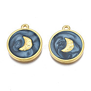 Alloy Pendants, with Enamel, Cadmium Free & Lead Free, Light Gold, Flat Round with Moon, Marine Blue, 23.5x20x3mm, Hole: 1.8mm(ENAM-S122-47-RS)