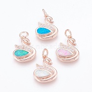 Brass Cubic Zirconia Pendants, with Synthetic Opal, Swan, Rose Gold, Mixed Color, 18.5x14x3mm, Hole: 4mm(ZIRC-G144-01RG)