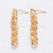 Brass Curb Chains Ear Studs, with Stainless Steel Pins, Nickel Free, Real 18K Gold Plated, 37x6mm, Pin: 0.8mm(KK-T049-13G-NF)