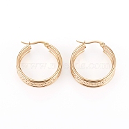 304 Stainless Steel Geometric Hoop Earrings for Women Girls, Hypoallergenic Earrings, Textured, Ring with Floral Pattern, Golden, 25x8.5mm, Pin: 1x0.6mm(STAS-D171-34G)