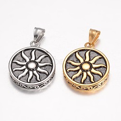 304 Stainless Steel Pendants, Flat Round Carved Sun, Mixed Color, 33x27x5.5mm, Hole: 7.5x5mm(STAS-D441-16)
