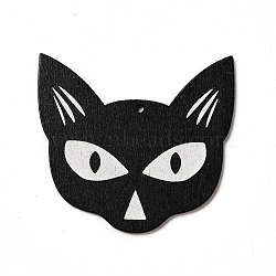 Single Face Printed Wood Big Pendants, Halloween Charms, Black, Cat Shape, 61x63.5x2.5mm, Hole: 3mm(WOOD-I010-13B)