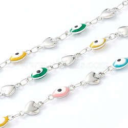 304 Stainless Steel Enamel  Link Chains, Evil Eye & Heart Link, Unwelded, with Spool, Stainless Steel Color, Mixed Color, Evil Eye: 11x4x3mm, Heart: 10x6x2mm,  16.4 Feet(5m)/roll(STAS-H145-10B-P)