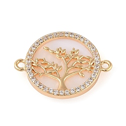 Brass Pave Shell Flat Round Connector Charms, Tree of Life Charms with Clear Cubic Zirconia, Real 18K Gold Plated, 15x20x2.5mm, Hole: 1.2mm(KK-Q816-06G)