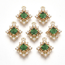 Golden Tone Brass Pendants, with Faceted Glass and Clear Rhinestone, Rhombus, Sea Green, 14.5x11x4mm, Hole: 1.2mm, Diagonal Length: 14.5mm, Side Length: 10mm(GLAA-R212-16A)