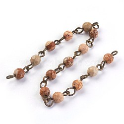 Handmade Natural Picture Jasper Beads Chains, Unwelded, with Brass Eye Pin, Round, Faceted, Antique Bronze, 12~12.5x4~4.5mm, about 39.37 inch(1m)/strand(AJEW-JB00455-08)