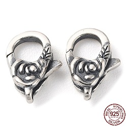 925 Thailand Sterling Silver Lobster Claw Clasps, Flower, with 925 Stamp, Antique Silver, 13.5~14x9x4.5mm, Hole: 1.4mm(STER-D003-21AS)