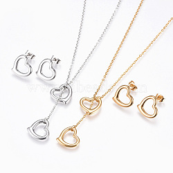 304 Stainless Steel Jewelry Sets, Lariat Necklaces and Stud Earrings, Heart, Golden & Stainless Steel Color, 18.3 inch(46.5cm), 1.5mm, 13.5x14mm, Pin: 0.7mm(SJEW-F204-06)