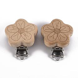 Beech Wood Baby Pacifier Holder Clips, with Iron Clips, Flower, Platinum, BurlyWood, 53~55x40~41x17~18cm, Hole: 4.5mm(WOOD-T015-24)