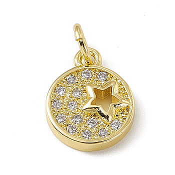 Brass Micro Pave Cubic Zirconia Charms, with Jump Rings, Flat Round with Star Charm, Real 18K Gold Plated, 11.5x9.5x2.5mm, Hole: 2.7mm