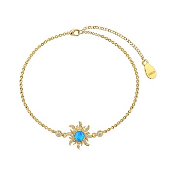 925 Sterling Silver Sun Link Bracelets, with Synthetic Opal, Real 18K Gold Plated, 5-7/8 inch(15cm)