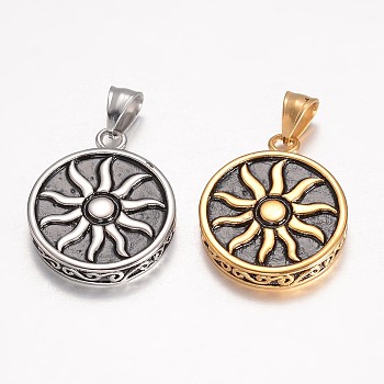 304 Stainless Steel Pendants, Flat Round Carved Sun, Mixed Color, 33x27x5.5mm, Hole: 7.5x5mm