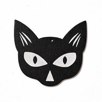 Single Face Printed Wood Big Pendants, Halloween Charms, Black, Cat Shape, 61x63.5x2.5mm, Hole: 3mm
