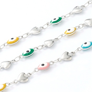 304 Stainless Steel Enamel  Link Chains, Evil Eye & Heart Link, Unwelded, with Spool, Stainless Steel Color, Mixed Color, Evil Eye: 11x4x3mm, Heart: 10x6x2mm,  16.4 Feet(5m)/roll