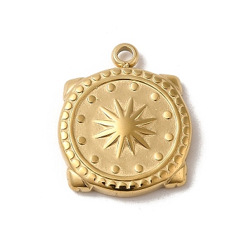 304 Stainless Steel Pendants, Flat Round with Sun Pattern Charm, Real 14K Gold Plated, 27x14x2.5mm, Hole: 1.6mm