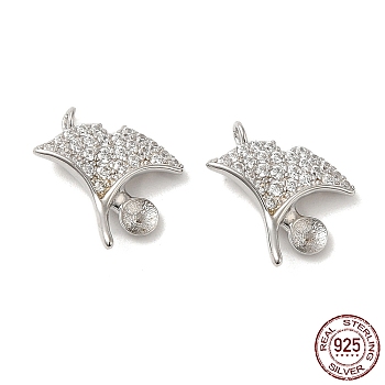 Rhodium Plated 925 Sterling Silver Charms, with Cubic Zirconia, Gingko Leaf Charm, with S925 Stamp, Real Platinum Plated, 14x13x2mm, Hole: 1.2mm, Pin: 0.6mm