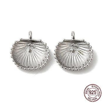 Rhodium Plated 925 Sterling Silver Charms, Shell Charm, with S925 Stamp, Real Platinum Plated, 11.5x11x3mm, Hole: 1.4mm, Pin: 0.6mm