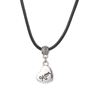 Heart with Word Mom Alloy Pendant Necklace with Imitation Leather Cords, for Mother's Day, Antique Silver, 17.72 inch(45cm)