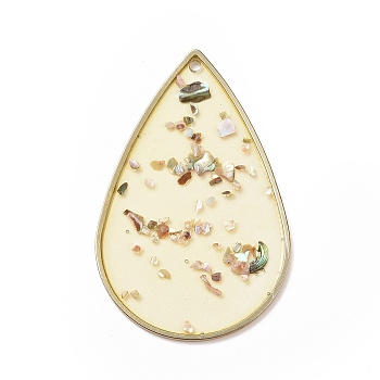 Transparent Epoxy Resin Pendants, Drop Charms, with Colorful Shell and Brass Frame, Golden, 47.5x30x1.2mm, Hole: 1.5mm
