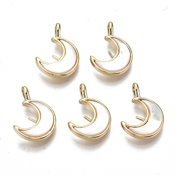 White Shell Peg Bails Pendants, for Half Drilled Bead, with Brass Findings, Nickel Free, Moon, Real 18K Gold Plated, 18x12x4mm, Hole: 1.8mm, Pin: 0.8mm