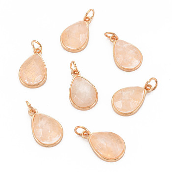 Natural Quartz Crystal  Pendants, with Light Gold Plated Brass Loops, Dyed & Heated, Teardrop, PeachPuff, 19x12x7mm, Hole: 4mm, Jump Ring: 6x1mm, 4mm inner diameter