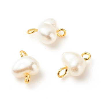 ABS Plastic Imitation Pearl Connector Charms, with Brass Double Loops, Heart, Golden, 12.5~13x9x6mm, Hole: 1.8~2mm