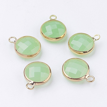Golden Tone Brass Glass Flat Round Charms, Faceted, Light Green, 12x8.5x3mm, Hole: 1.5mm