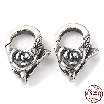 925 Thailand Sterling Silver Lobster Claw Clasps, Flower, with 925 Stamp, Antique Silver, 13.5~14x9x4.5mm, Hole: 1.4mm