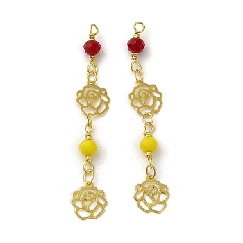 Glass Beaded Pendants, with Real 18K Gold Plated Brass Loop, Rose Flower Charm, Yellow, 47x8x4mm, Hole: 1.6mm