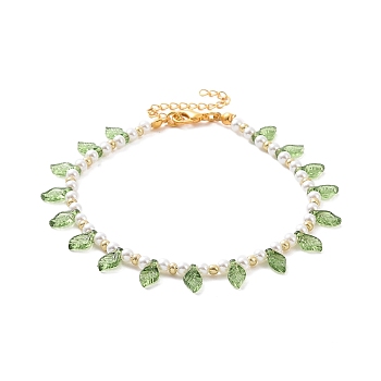 Acrylic Leaf Charm Anklets with Imitation Pearl Beaded for Women, Golden, 9-1/8 inch(23cm)