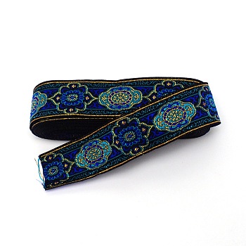 Ethnic Style Embroidery Polyester Ribbons, Jacquard Ribbon, Garment Accessories, Floral Pattern, Blue, 1-1/4 inch(33mm)