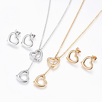304 Stainless Steel Jewelry Sets, Lariat Necklaces and Stud Earrings, Heart, Golden & Stainless Steel Color, 18.3 inch(46.5cm), 1.5mm, 13.5x14mm, Pin: 0.7mm