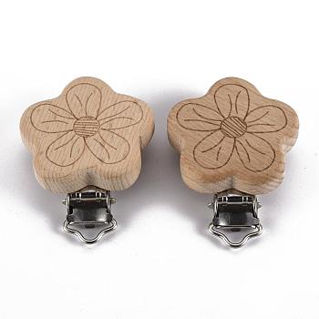 Beech Wood Baby Pacifier Holder Clips, with Iron Clips, Flower, Platinum, BurlyWood, 53~55x40~41x17~18cm, Hole: 4.5mm