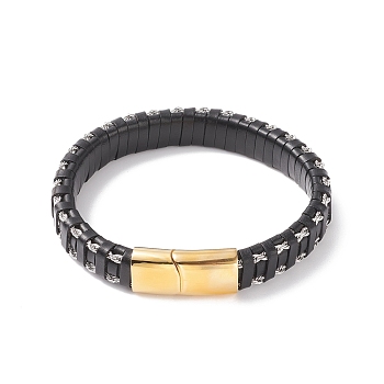 Leather Braided Cord Bracelets, 304 Stainless Steel Magnetic Clasp, Rectangle, Golden, Black, 8-5/8 inch(22cm), 12x6mm