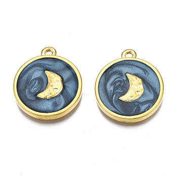 Alloy Pendants, with Enamel, Cadmium Free & Lead Free, Light Gold, Flat Round with Moon, Marine Blue, 23.5x20x3mm, Hole: 1.8mm