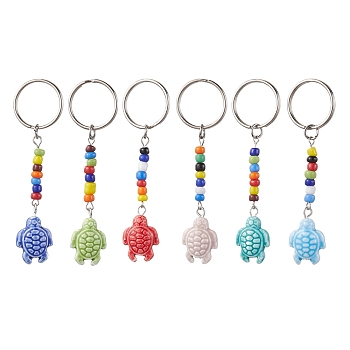 Handmade Procelain Keychain, with Glass Seed Bead and Iron Split Key Rings, Tortoise, Mixed Color, 7.25cm