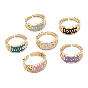 Brass Enamel Cuff Rings, Open Rings, Long-Lasting Plated, Rectangle with Word Love, Golden, Mixed Color, US Size 6 3/4(17.1mm)
