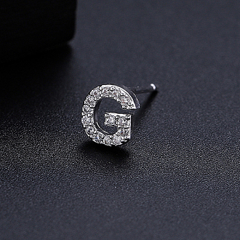 Platinum Brass Micro Pave Cubic Zirconia Stud Earrings, Initial Letter, Letter G, No Size