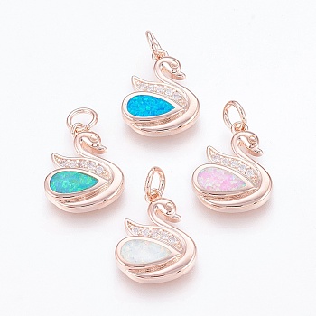 Brass Cubic Zirconia Pendants, with Synthetic Opal, Swan, Rose Gold, Mixed Color, 18.5x14x3mm, Hole: 4mm