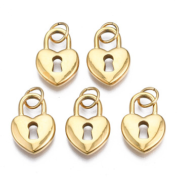 316 Surgical Stainless Steel Pendants, with Jump Rings, Heart, Real 14K Gold Plated, 16x11x3mm, Hole: 4.5mm, Jump Ring: 6x1mm, 4mm inner diameter