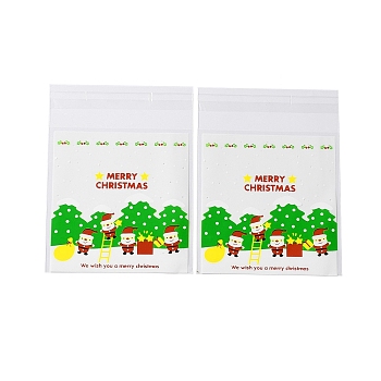 Christmas Theme Plastic Bakeware Bag, with Self-adhesive, for Chocolate, Candy, Cookies, Square, Lime Green, 130x100x0.2mm, about 100pcs/bag